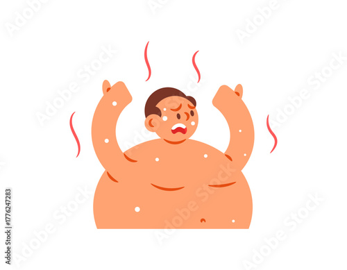 Illustration of a man who looks very hot. His body is covered in sweat due to the hot weather or temperature. Flat style character illustration. White background.