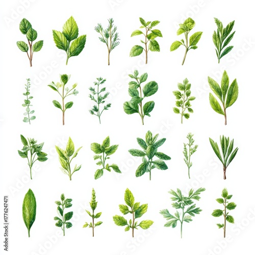 scattered herbal sprigs in symmetrical layout, medicinal plant theme, photorealistic style, isolated on white background