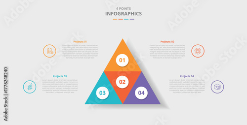 4 points template infographic with creative triangle structure component small with center balance with drop shadow style with four stage list information