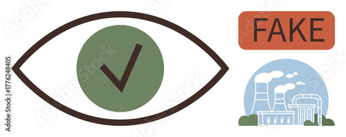 Eye with a green checkmark, factory with smokestacks, and FAKE tag. Ideal for fact-checking, misinformation, credibility, news verification, environment, sustainability simple flat metaphor