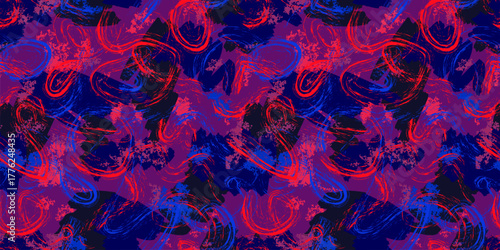 Vector abstract hand drawn brush strokes seamless pattern. Neon paint splashes, graffiti style, ink grunge texture. Modern funky background. Urban street art. Blue, red, purple colors. Trendy design
