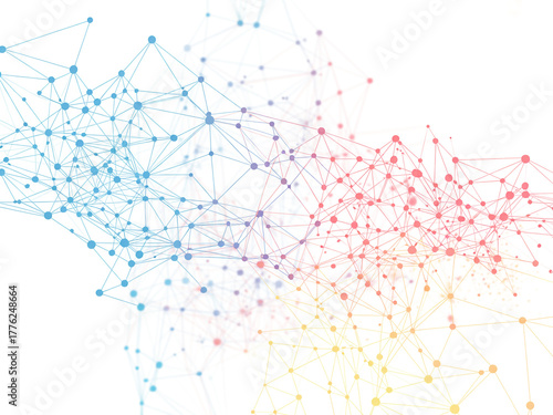A digital abstract network visualization with a gradient color scheme transitioning from blue on the left to orange on the right