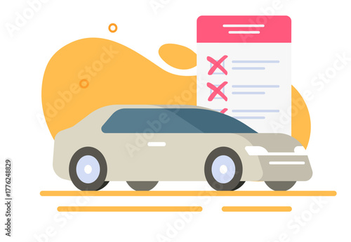 Car auto inspection failed icon, motor vehicle exam verification check list failure vector illustration, automobile checklist not passed report, rejected study or safety automotive paper document