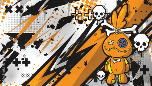 Cute Voodoo Doll Street Art Background with Skulls and Grunge Elements