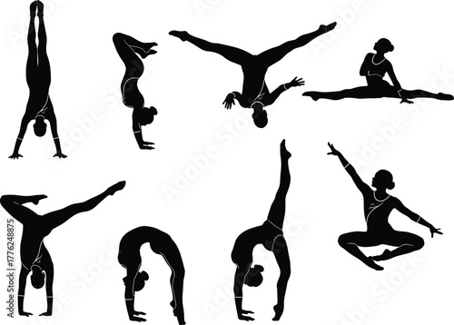 Gymnast silhouette illustration showing acrobatic poses, flexibility, balance, strength, dance movement, athletic performance, and expressive body control in motion.