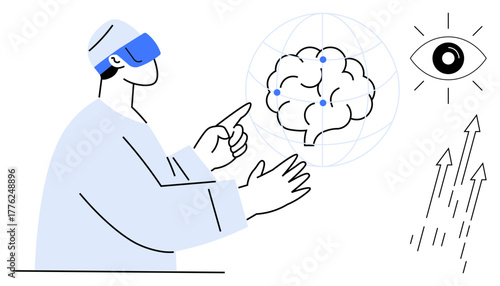 Person wearing VR headset interacting with brain network surrounded by eye, arrows, and neural globe. Ideal for innovation, AI, VR, technology, neuroscience future trends education. Simple flat