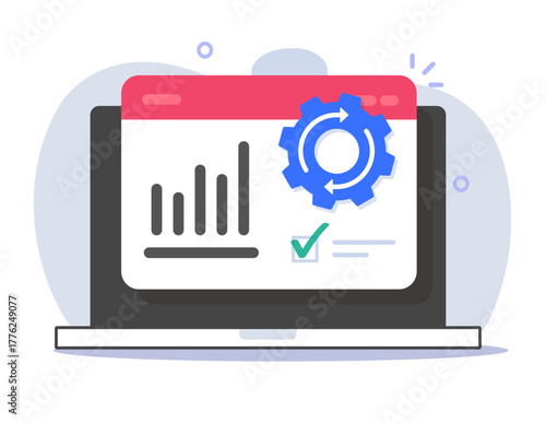 Laptop performance online productivity web icon flat cartoon graphic modern illustration, sales boost operation automation process, computer pc online digital kpi efficiency technology growth