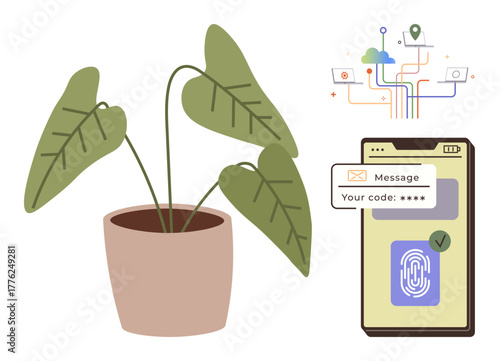 Potted plant beside smartphone displaying secure login process through fingerprint verification and passcode. Ideal for cybersecurity, technology, mobile apps, sustainability, simplicity, eco-tech