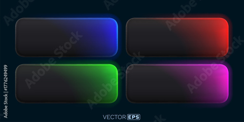 Sleek neomorphic buttons with colorful neon glow. Modern UI elements.