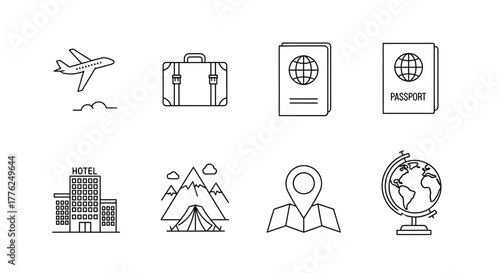 Travel icon set line art vector illustration of airplane suitcase passport hotel mountains map pin and globe isolated on white background