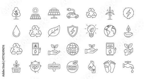 Set of eco and green energy icons thin line vector symbol collection for environmental protection isolated on white background