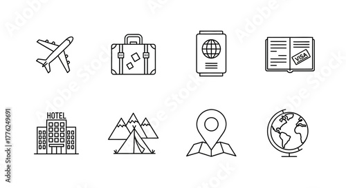 Set of travel icons simple line vector design elements for vacation planning isolated on white background