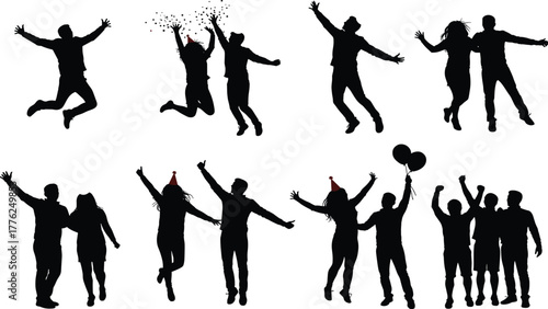 Silhouettes of joyful people celebrating with balloons, confetti, and party hats—ideal for festive, event, and happiness-themed vector designs