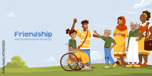Bright cartoon landscape with diverse group of friends