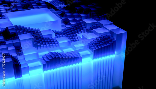 Blue glowing futuristic cubes forming an abstract landscape