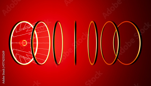 Energy flowing through golden rings creating electric arcs on red background