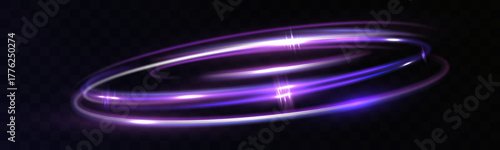 Abstract light speed lines and neon rings with glowing circles in motion on black background. Blue, red, and purple light effects creating sense of speed and energy.