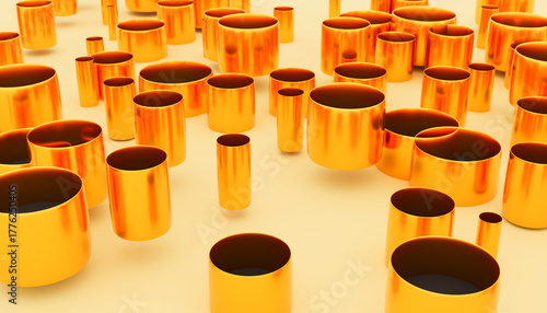 Golden cylinders creating an abstract pattern on yellow background