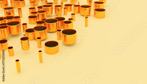 Golden cylinders creating a diagonal pattern on a yellow background