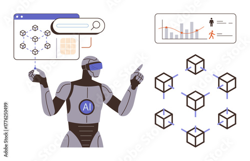 AI robot in VR headset interacting with blockchain network, data charts, user information, and advanced analytics. Ideal for AI, blockchain, innovation, data analysis, automation future technology