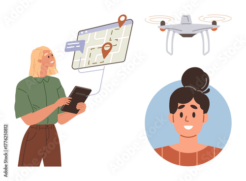 Woman using tablet for quadcopter navigation, map with location pins, and user avatar. Ideal for technology, innovation, mapping, delivery, remote control user interface connection. Depicts simple