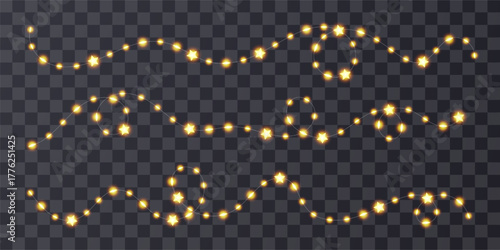 Star light string, fairy bulb garland. 3d warm lamp, isolated noel element. Bokeh wedding decoration, xmas festive wire line. Night carnival party golden border, holiday home decor. Lantern ribbon