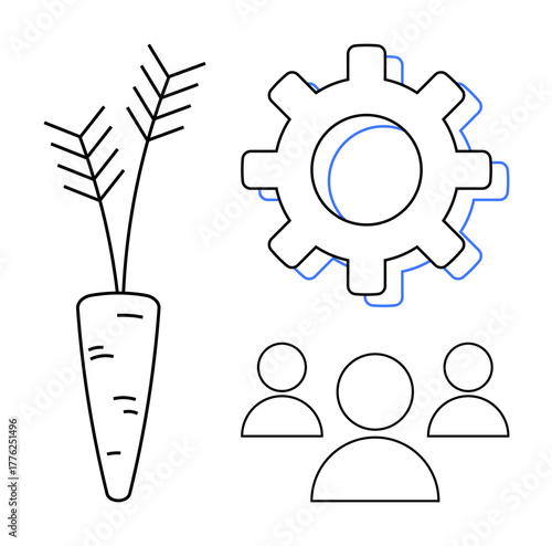 Carrot, gear, and three-person icons represent teamwork, efficiency, sustainability, and shared goals. Ideal for innovation, productivity, cooperation agriculture leadership simplicity growth