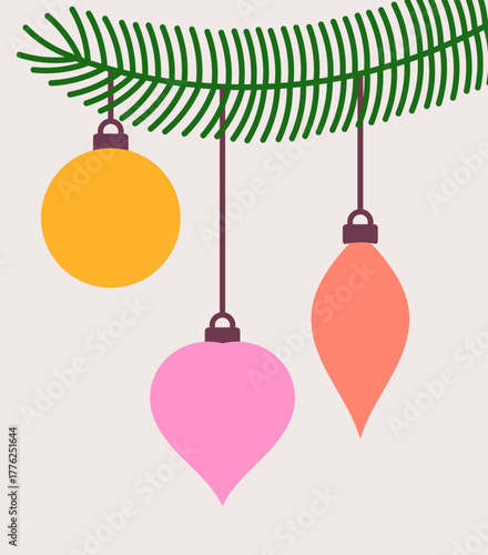 Christmas fir with hanging balls ornaments. Holiday greeting card background. Vector illustration.