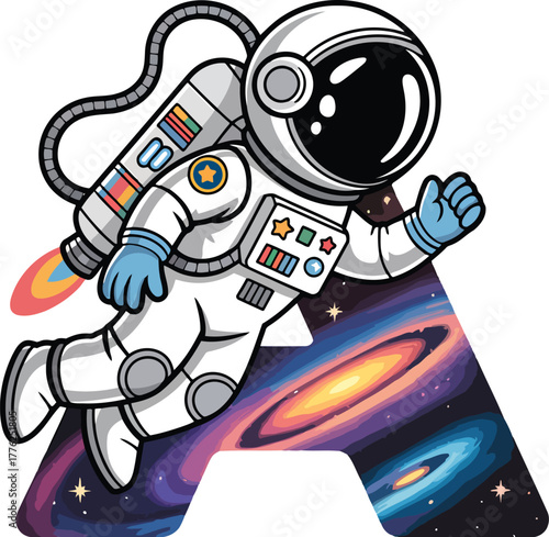 Astronaut floating through colorful galaxy space stars