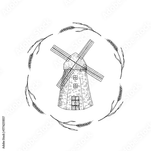 Vector arrangement with windmill, fabric canvas bag for food or delivery. Graphic ink bag with flour, ear of wheat, grain illustration isolated on background. Hand drawn line sketch. For designers, pr