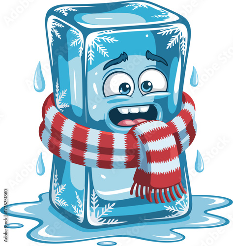 Cartoon ice cube character with scarf sweating vector