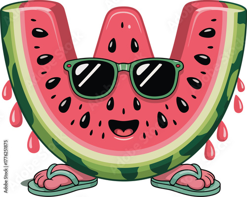 Cartoon watermelon character wearing sunglasses and flip flops fruit