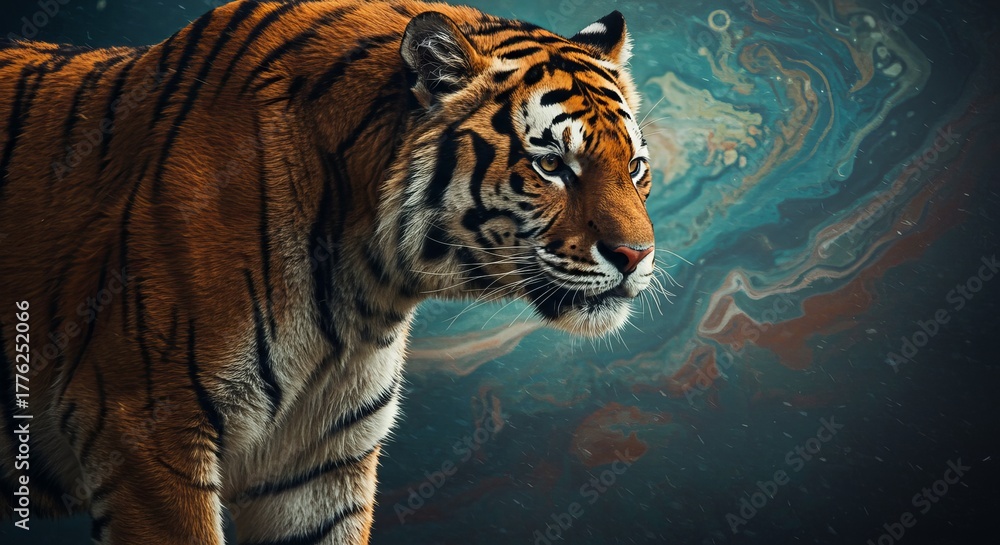 Naklejka premium Epic Artistic Illustration of a Majestic Tiger Cinematic Wildlife Adventure with Futuristic Abstract Background Design.