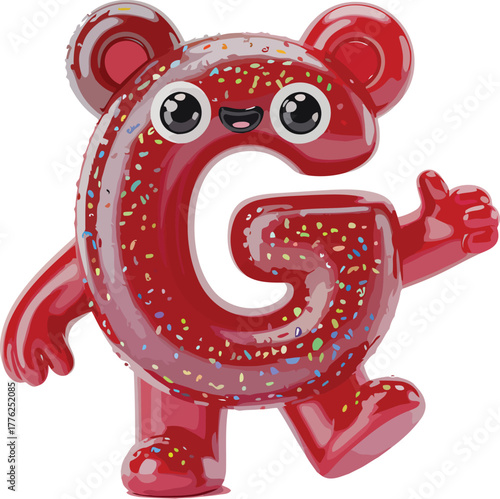 Red gummy letter G character with sprinkles and thumbs up vector