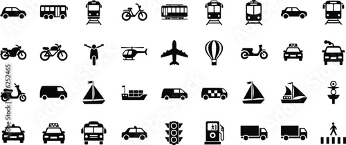 Collection of black transportation icons representing various vehicles for travel and mobility