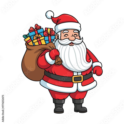 Cheerful Santa Claus with sack overflowing with colorful gifts brings holiday magic and Christmas joy