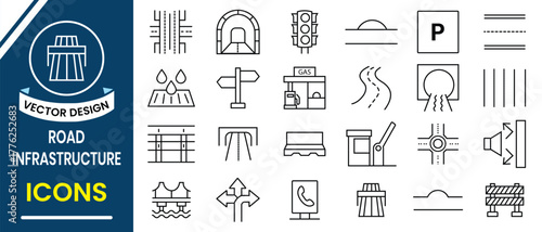 Road Infrastructure icon set. Set of 24 outline icons related to road infrastructure.  Street, Traffic, Transport, Sign, Map, Urban, Parking, Direction icon. Vector illustration.