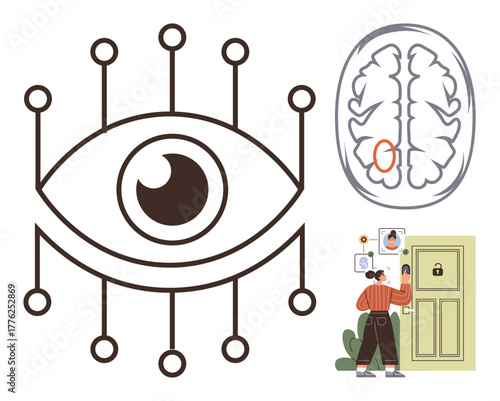 Futuristic eye with digital connections, brain analysis diagram highlighting awareness, person unlocking door with facial recognition. Ideal for technology, security, AI, neuroscience, innovation