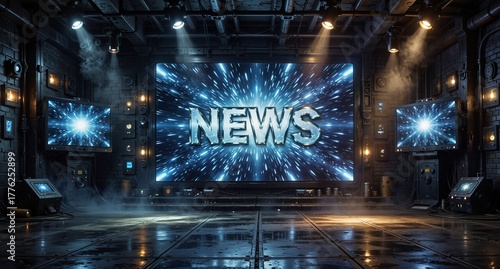 futuristic news studio with vibrant blue screen and dramatic lighting for broadcast or virtual production.