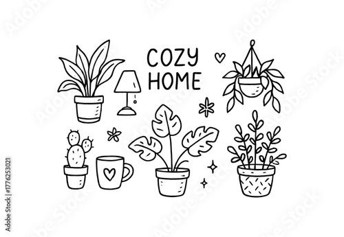 handdrawn cute doodle style cozy home plants vector line illustration