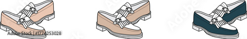 An illustrated set of fashionable men's footwear, featuring timeless two-tone penny loafers in various colors for an elegant and classic style
