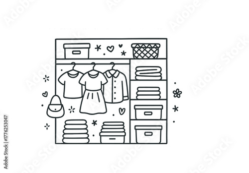 handdrawn cute doodle style wardrobe organization vector line illustration