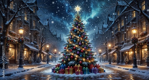 Wallpaper Mural magical christmas street scene with decorated tree and falling snow at night Torontodigital.ca