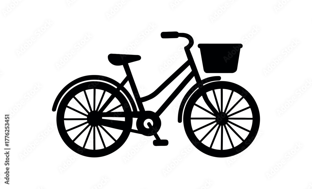 Fototapeta premium bicycle with basket flat black solid vector illustration isolated on white background