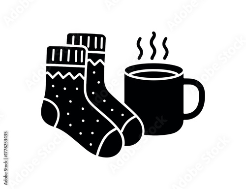 cozy socks and warm drink flat black solid vector illustration isolated on white background