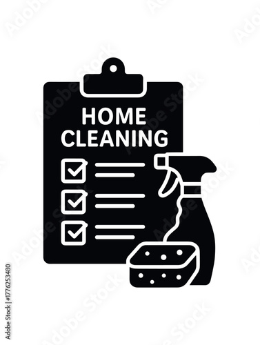 home cleaning checklist flat black solid vector illustration isolated on white background