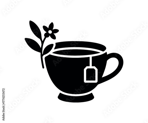 cup of herbal tea flat black solid vector illustration isolated on white background