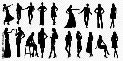 A collection of twenty black silhouettes of women in various standing and sitting poses, showcasing different body language and fashion styles.