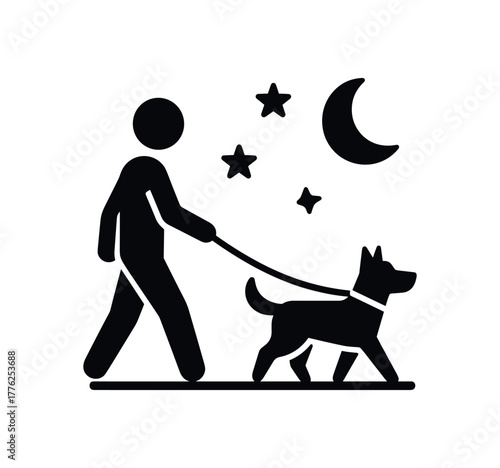 evening walk with dog flat black solid vector illustration isolated on white background