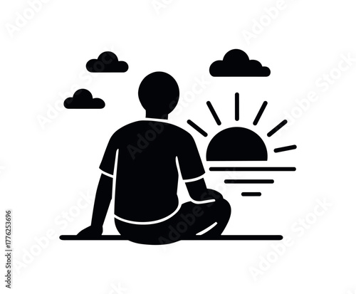 person watching sunrise flat black solid vector illustration isolated on white background